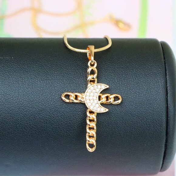 "Rose Gold Chain Cross Pendant with CZ Crescent Accent, XPPT1263 - Picture 6 of 13